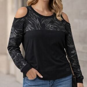 DKNY Jeans Cold Shoulder Sweater Women’s XL Black Gray Swirl Pullover